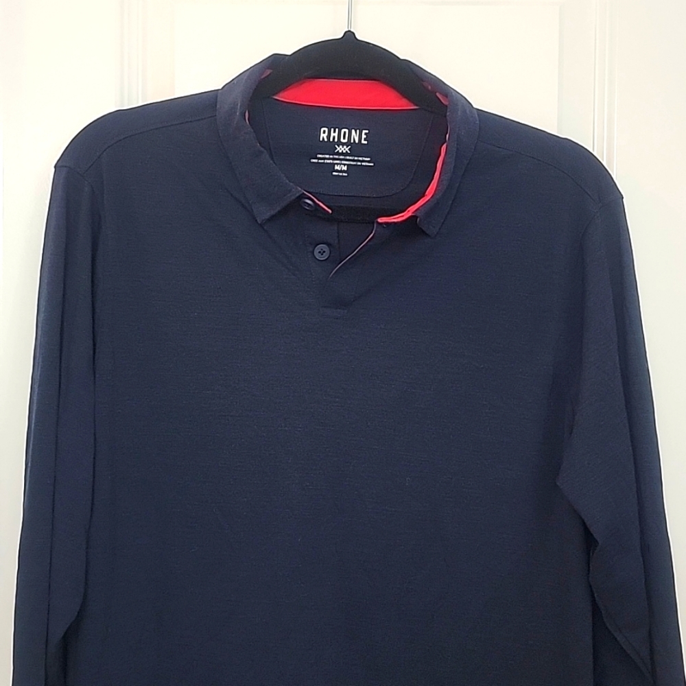RHONE Men's Polo Long Sleeve Shirt Medium Navy Red NWT